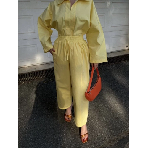 Kadın Uzun Kollu Yakalı Gömlek Pantalon Takım- Sarı