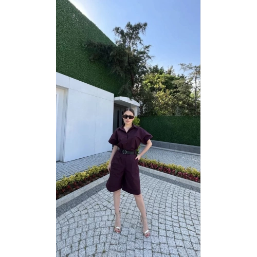 Kadın Yakalı Gömlek Kemerli Şortlu Takım - Bordo