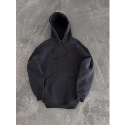 Kapüşonlu Üç İplik Penye Basic SweatShirt - Füme