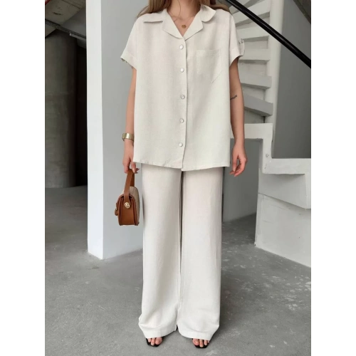 Keten Kısa Kollu Cepli Gömlek Pantolon ikili Takım - Beyaz