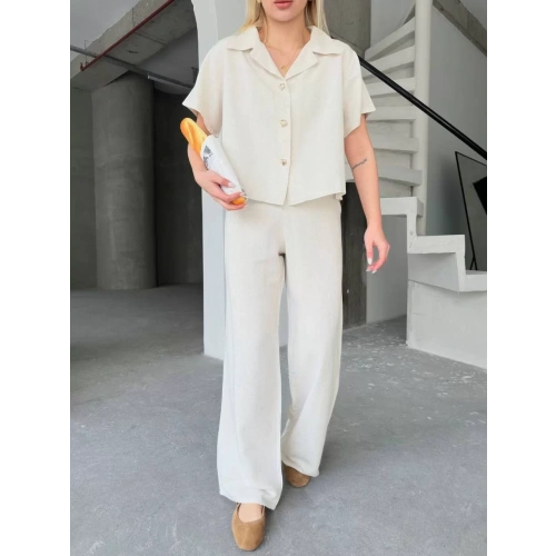 Keten Kısa Kollu Gömlek Pantolon ikili Takım - Beyaz