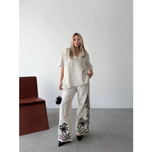 Keten Kısa kolu  V Yaka Bluz Pantolon ikili Takım- Beyaz