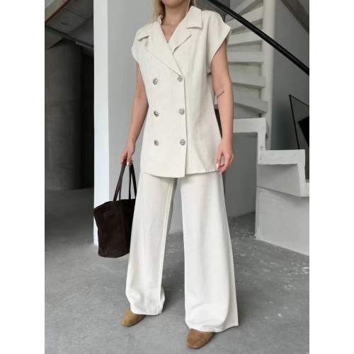 Keten Sıfır Kol Blezer Ceket Pantolon ikili Takım- Beyaz