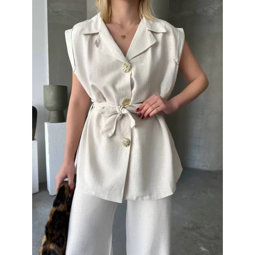 Keten Sıfır Kol Kuşaklı Ceket Pantolon ikili Takım - Beyaz