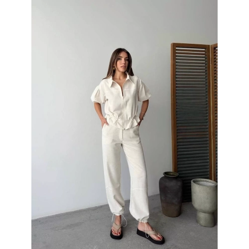Keten Tam Fermuarlı Kısa kollu Gömlek Pantolon ikili Takım - Beyaz