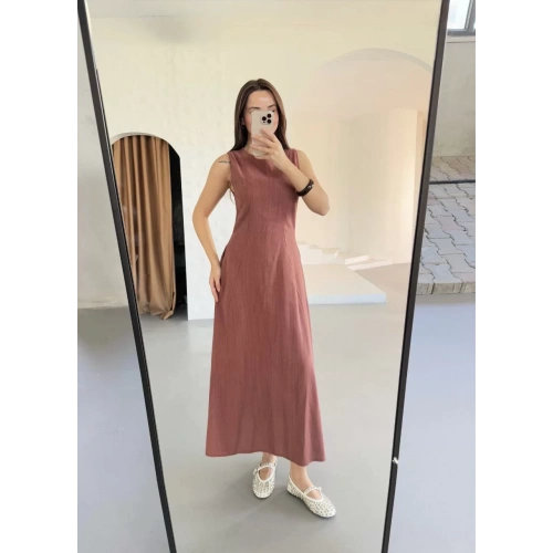 Keten Uzun Kolsuz Elbise- Gül Kurusu