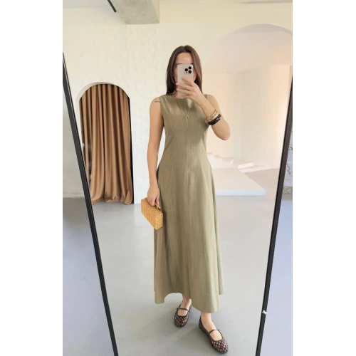 Keten Uzun Kolsuz Elbise- Haki