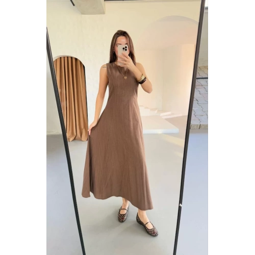 Keten Uzun Kolsuz Elbise- Kahverengi