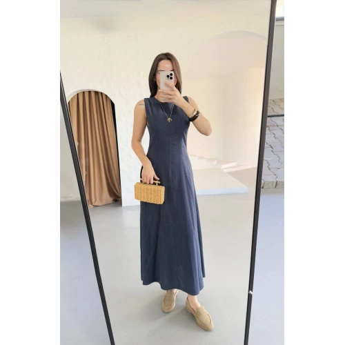 Keten Uzun Kolsuz Elbise- Mavi