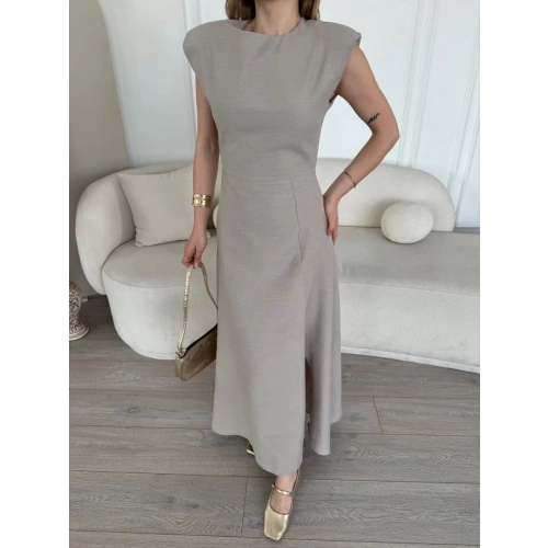 Keten Yandan Yırtmaçlı Uzun Sıfır Kolsuz Elbise - Gri