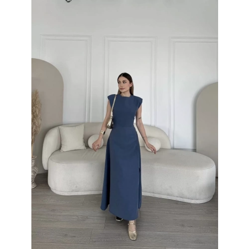 Keten Yandan Yırtmaçlı  Uzun Sıfır Kolsuz Elbise - Mavi