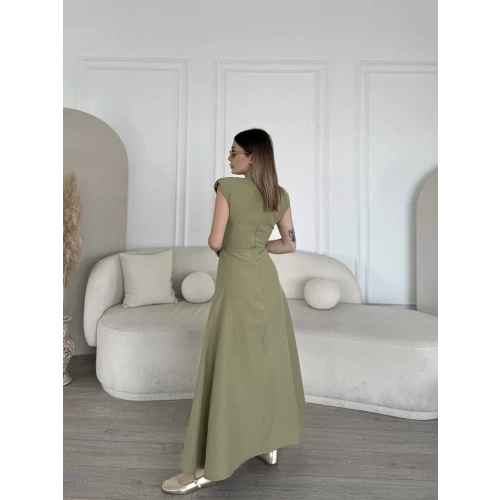 Keten Yandan Yırtmaçlı Uzun Sıfır Kolsuz Elbise - Yeşil