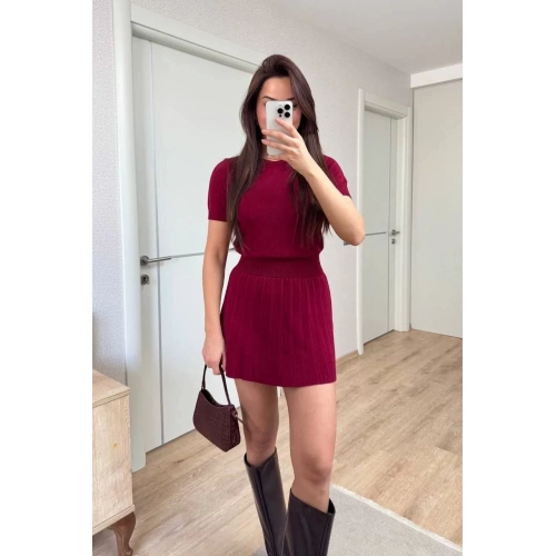 Kısa Kollu Bluz Mini Etekli ikili Takım Triko - Bordo
