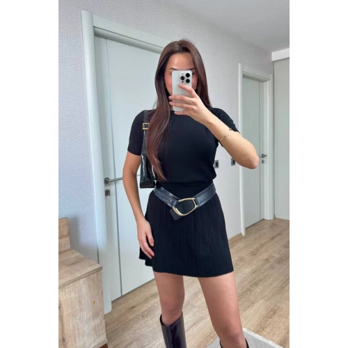 Kısa Kollu Bluz Mini Etekli ikili Takım Triko - Siyah