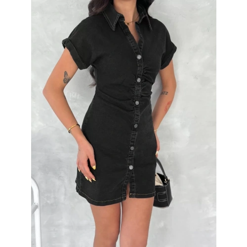 Kısa Kolu Mini Kot Kumaşından Likralı Elbise - Siyah