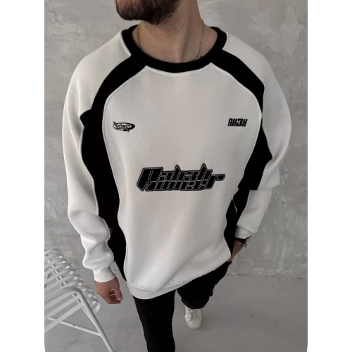 Kışlık Nakış İşlemeli Bisiklet Yaka Parçalı SweatShirt - Beyaz