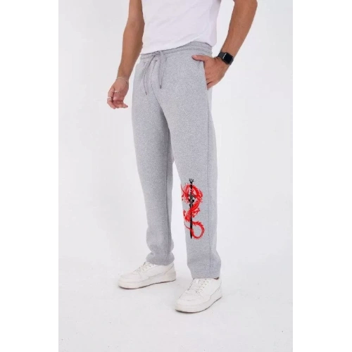 Kışlık Üç İplik Baskılı Eşofman Pantolon - Gri