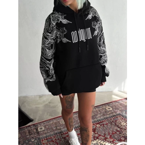 Kışlık Üç İplik Baskılı Kapşonlu SweatShirt - Siyah