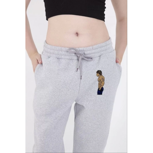 Lastikli Üç İplik Baskılı Eşofman Pantolon - Gri