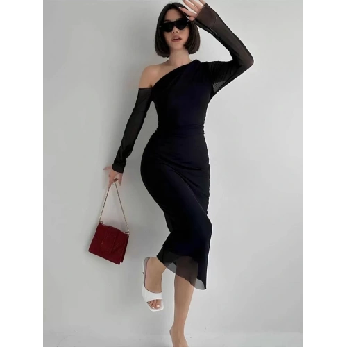 Omuz asimetrik Detaylı Uzun Şifon Elbise - Siyah