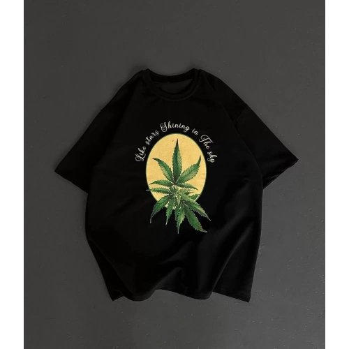 Ön ve Arka Baskılı Oversize Bisiklet Yaka T-shirt- Siyah