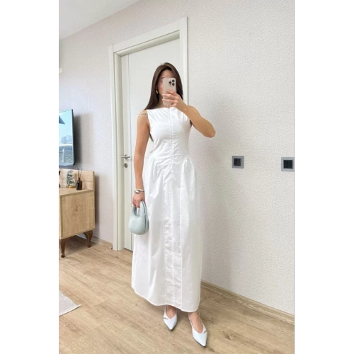 Önden Fermuar detaylı Kolsuz Uzun Elbise - Beyaz