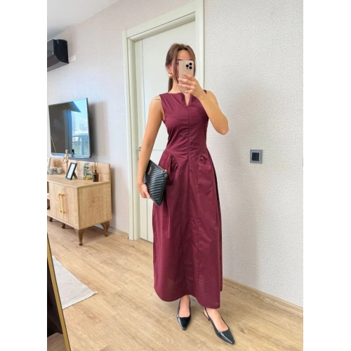 Önden Fermuar detaylı Kolsuz Uzun Elbise - Bordo