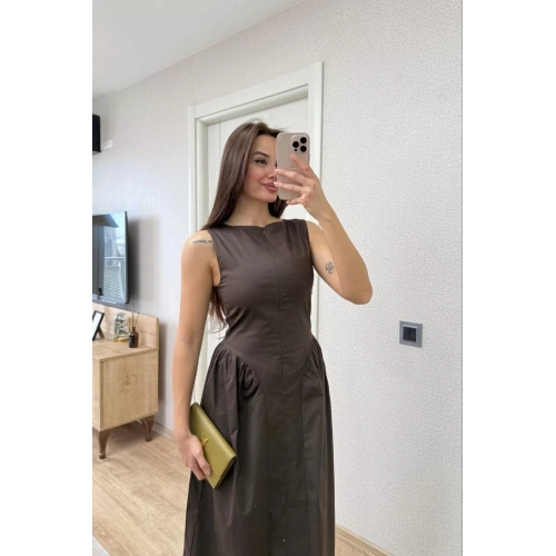 Önden Fermuar detaylı Kolsuz Uzun Elbise - Kahve