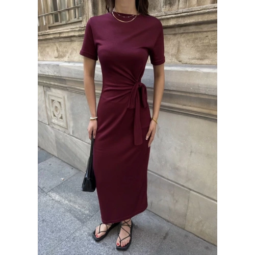 Osy Modal Yumuşak Dokulu Kumaş Bisiklet Yaka Kısa Kollu Kuşaklı Uzun Elbise - Bordo