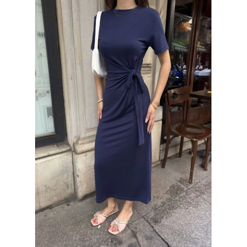 Osy Modal Yumuşak Dokulu Kumaş Bisiklet Yaka Kısa Kollu Kuşaklı Uzun Elbise - Mavi