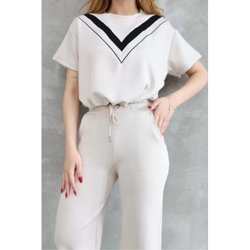 Osy Modal Yumuşak dokulu Kumaş Bisiklet Yaka Parçalı detaylı Kısa Kollu Takım - Beyaz