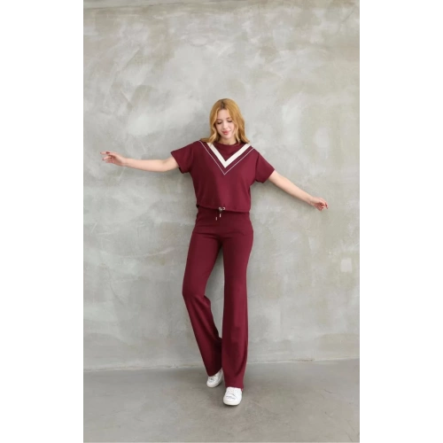 Osy Modal Yumuşak dokulu Kumaş Bisiklet Yaka Parçalı detaylı Kısa Kollu Takım - Bordo