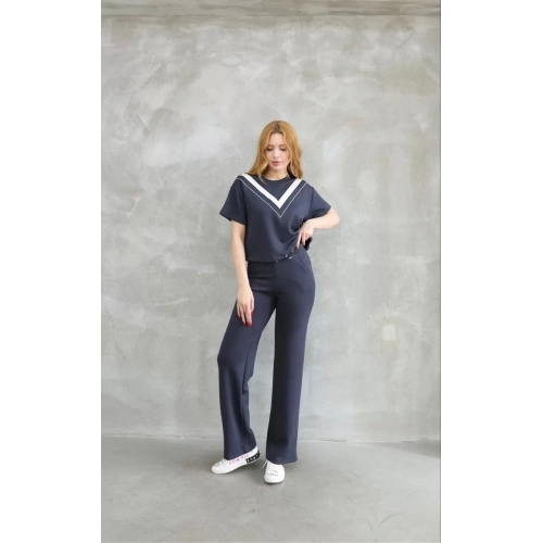 Osy Modal Yumuşak dokulu Kumaş Bisiklet Yaka Parçalı detaylı Kısa Kollu Takım - Füme