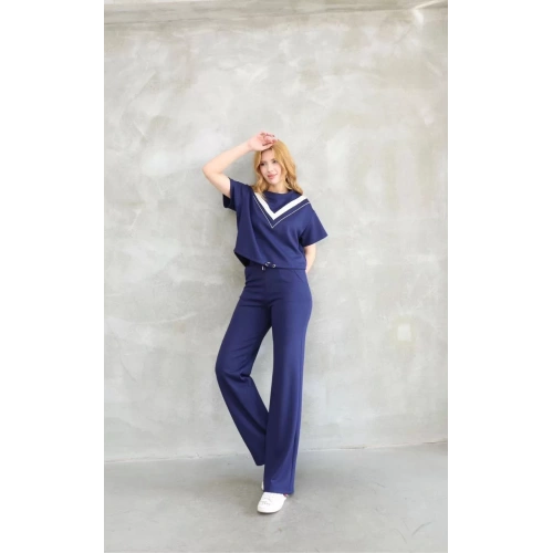 Osy Modal Yumuşak dokulu Kumaş Bisiklet Yaka Parçalı detaylı Kısa Kollu Takım - Lacivert