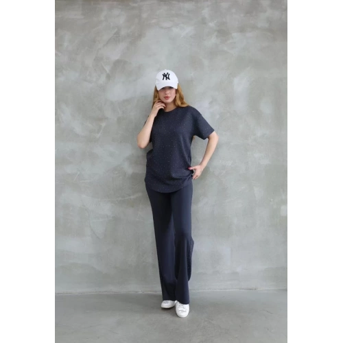 Osy Modal Yumuşak dokulu Kumaş Bisiklet Yaka Taş detaylı Kısa Kollu Takım - Füme