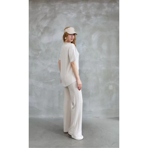 Osy Modal Yumuşak dokulu Kumaş Bisiklet Yaka Taş detaylı Kısa Kollu Takım - Kırık Beyaz