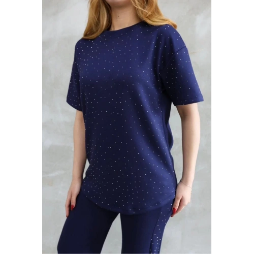 Osy Modal Yumuşak dokulu Kumaş Bisiklet Yaka Taş detaylı Kısa Kollu Takım - Lacivert