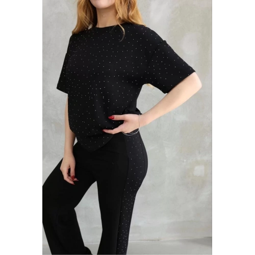 Osy Modal Yumuşak dokulu Kumaş Bisiklet Yaka Taş detaylı Kısa Kollu Takım - Siyah