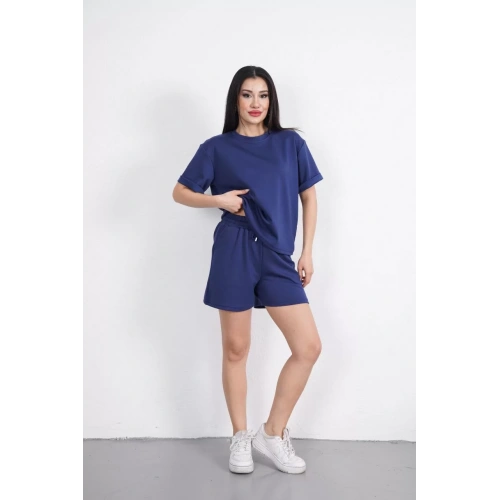 Osy Modal yumuşak dokulu Kumaş Kadın Bisiklet Yaka T-shirt Kısa Şort İkili Takım - Mavi