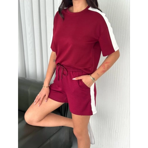 Osy Modal yumuşak dokulu Kumaş Kadın Parçalı Bisiklet Yaka T-shirt Kısa Şort İkili Takım -  Bordo