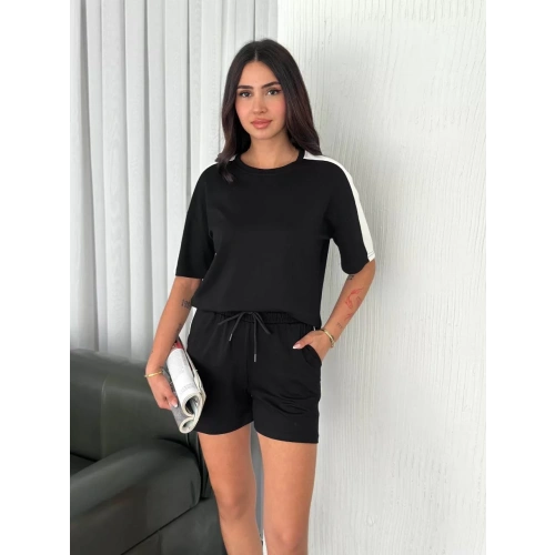 Osy Modal yumuşak dokulu Kumaş Kadın Parçalı Bisiklet Yaka T-shirt Kısa Şort İkili Takım - Siyah