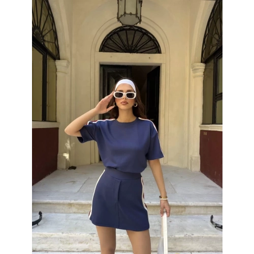 Osy Modal yumuşak dokulu Kumaş Kadın Parçalı Bisiklet Yaka T-shirt Mini Şortlu Etek İkili Takım -Lacivert