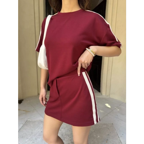 Osy Modal yumuşak dokulu Kumaş Kadın Parçalı Bisiklet Yaka T-shirt Mini Şortlu Etek İkili Takım -Bordo