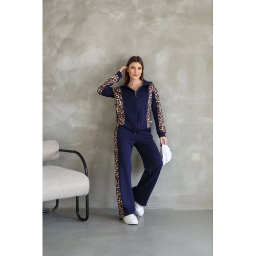 Osy Modal Yumuşak Dokulu Kumaş Kapüşonlu Leopar Desenli Fermuarlı Takım - Lacivert