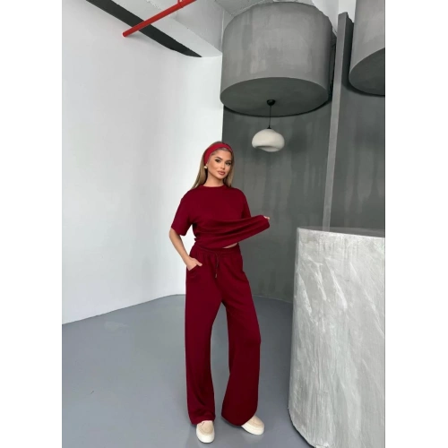 Osy Modal Yumuşak Dokulu Kumaş   Kısa Kollu Bluz Rahat Pantalon ikili Takım- Bordo