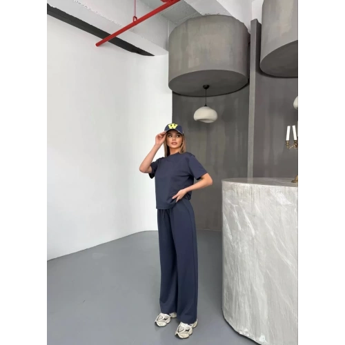 Osy Modal Yumuşak Dokulu Kumaş Kısa Kollu Bluz Rahat Pantalon ikili Takım- Füme