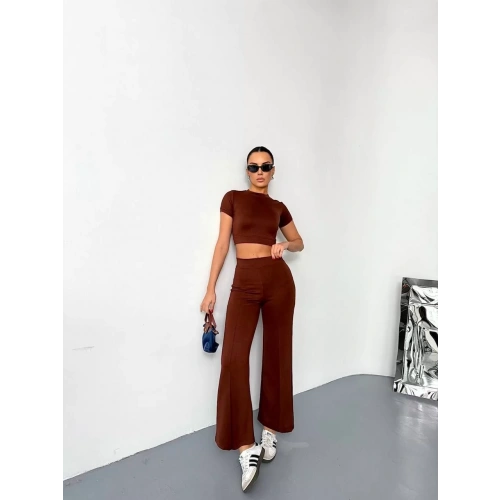 Osy Modal Yumuşak Dokulu Kumaş Kısa Kollu Crop Alt ispanyol Paça Pantalon ikili Takım - Kahverengi