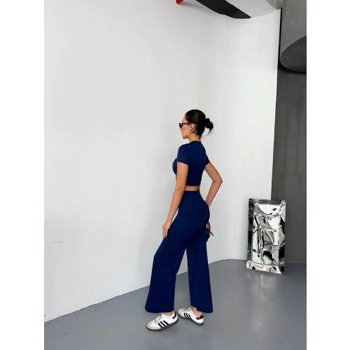 Osy Modal Yumuşak Dokulu Kumaş Kısa Kollu Crop Alt ispanyol Paça Pantalon ikili Takım - Lacivert