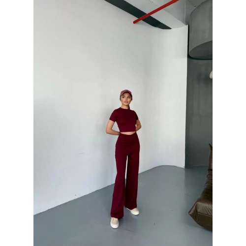 Osy Modal Yumuşak Dokulu Kumaş Kısa Kollu Crop Rahat Pantalon ikili Takım - Bordo