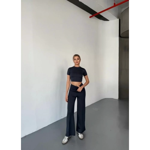 Osy Modal Yumuşak Dokulu Kumaş Kısa Kollu Crop Rahat Pantalon ikili Takım - Füme